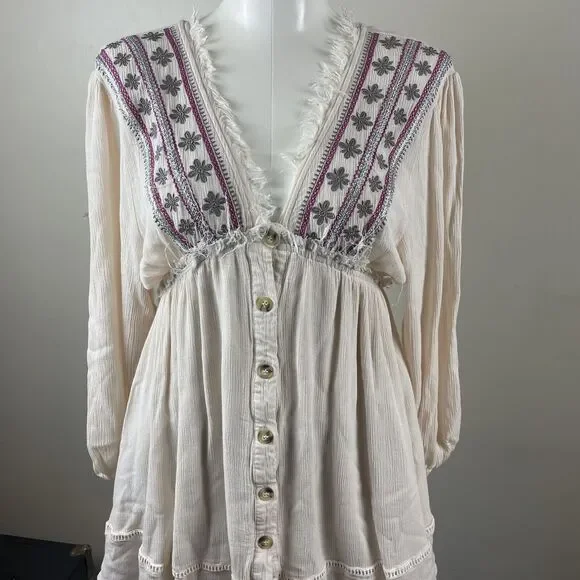 By Together Size Small Ivory western festival Boho Embroidery Mini Dress Tunic - Picture 2 of 12